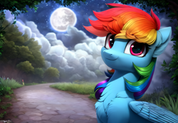 Size: 1664x1152 | Tagged: safe, artist:darbarri, imported from derpibooru, rainbow dash, pegasus, pony, ai assisted, ai content, bust, chest fluff, cute, detailed, detailed background, female, fluffy, folded wings, generator:purplesmart.ai, generator:stable diffusion, mare, mare in the moon, moon, night, portrait, smiling, solo, wallpaper, wings