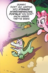 Size: 750x1141 | Tagged: safe, artist:tonyfleecs, idw, imported from derpibooru, gummy, pinkie pie, alligator, earth pony, pony, spoiler:comic, dialogue, duo, female, g4, hypocritical humor, male, mare, smiling, speech bubble, when he smiles