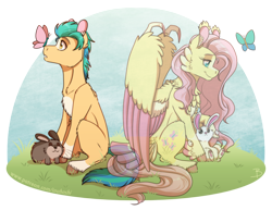 Size: 1800x1393 | Tagged: safe, artist:inuhoshi-to-darkpen, imported from derpibooru, angel bunny, fluttershy, hitch trailblazer, butterfly, earth pony, pegasus, pony, rabbit, animal, blaze (coat marking), butterfly on nose, cheek fluff, chest fluff, claws, coat markings, colored pinnae, colored wings, colored wingtips, critter magnet, duo, ear fluff, ear tufts, facial markings, feathered fetlocks, female, g5, grass, hitch and his heroine, insect on nose, male, mare, pale belly, pet, simple background, sitting, smiling, socks (coat markings), spread wings, stallion, tail, tail feathers, talon, transparent, two toned wings, unshorn fetlocks, wing claws, wings