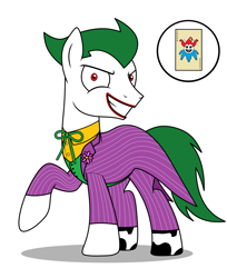 Size: 2160x2650 | Tagged: safe, artist:metal-jacket444, imported from derpibooru, earth pony, pony, batman, bowtie, card, cutie mark, dc comics, green hair, joker, lipstick, pinstripes, ponified, ribbon bow tie, simple background, solo, the joker, white background