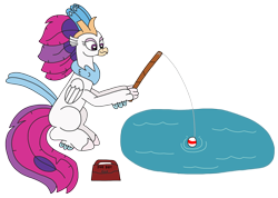 Size: 3138x2238 | Tagged: safe, artist:supahdonarudo, imported from derpibooru, queen novo, classical hippogriff, hippogriff, series:novoember, my little pony: the movie, fishing, fishing rod, pond, simple background, sitting, transparent background, water