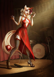 Size: 905x1280 | Tagged: safe, artist:razlads-slave, imported from derpibooru, oc, oc only, oc:razlad, anthro, absolute cleavage, breasts, cleavage, clothes, drum kit, drums, female, helix horn, high heels, horn, looking at you, microphone, musical instrument, red dress, shoes, singing, solo, stage, stockings, thigh highs, vintage