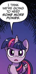 Size: 610x1264 | Tagged: safe, artist:tonyfleecs, idw, imported from derpibooru, twilight sparkle, alicorn, pony, spoiler:comic, dialogue, female, g4, looking at you, mare, reaction image, solo, speech bubble, twilight sparkle (alicorn)