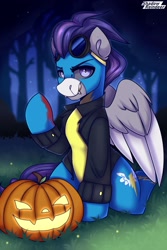 Size: 1500x2250 | Tagged: safe, artist:shadowreindeer, imported from derpibooru, oc, oc only, oc:dread, pegasus, blood, commission, halloween, holiday, jack-o-lantern, pumpkin, solo, ych result, your character here