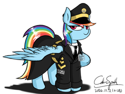 Size: 6000x4500 | Tagged: safe, artist:cdrspark, imported from derpibooru, rainbow dash, pegasus, pony, clothes, female, military uniform, name tag, necktie, simple background, solo, spread wings, u.d.c.e., u.d.c.e.s.s., uniform, white background, wings