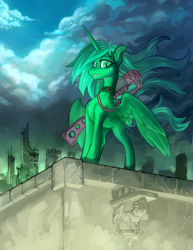 Size: 2782x3600 | Tagged: safe, artist:halley-valentine, artist:hobbes-maxwell, imported from derpibooru, oc, oc only, alicorn, pony, fallout equestria, city, cityscape, cloud, female, laser rifle, solo