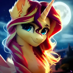 Size: 1024x1024 | Tagged: safe, imported from derpibooru, sunset shimmer, pony, unicorn, ai content, ai generated, cute, ear fluff, eyebrows, eyelashes, female, fluffy mane, generator:purplesmart.ai, generator:stable diffusion, looking at you, mare, moon, moonlight, prompter:nightluna, smiling, solo, the quality of ai art is frightening, watermark