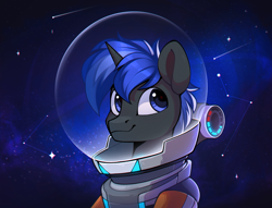 Size: 1192x911 | Tagged: safe, artist:rexyseven, imported from derpibooru, oc, oc only, oc:pixel shield, pony, unicorn, bust, constellation, helmet, horn, male, portrait, solo, spacesuit, stallion, stars