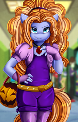 Size: 2450x3809 | Tagged: safe, artist:pridark, imported from derpibooru, adagio dazzle, oc, oc only, oc:beach glow, anthro, bucket, canterlot high, clothes, cosplay, costume, female, gem, halloween, hallway, high res, holiday, jack-o-lantern, lockers, pumpkin, siren gem