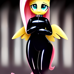 Size: 2048x2048 | Tagged: safe, editor:stableconfusion, imported from derpibooru, fluttershy, pegasus, semi-anthro, ai content, ai generated, bipedal, clothes, collar, generator:stable diffusion, latex, latex suit, rubber, shiny, simple background, suit