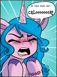 Size: 885x1200 | Tagged: safe, edit, idw, imported from derpibooru, izzy moonbow, pony, unicorn, spoiler:g5comic06, exploitable meme, g5, meme, screaming, screaming izzy, spanish