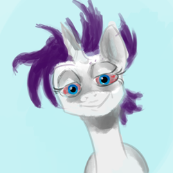 Size: 1000x1000 | Tagged: safe, artist:anonymous, imported from derpibooru, rarity, pony, unicorn, bloodshot eyes, blue background, brendan fraser, drawthread, female, just, lidded eyes, looking at you, mare, meme, ponified meme, simple background, solo