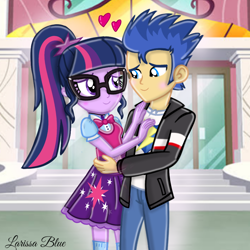 Size: 1000x1000 | Tagged: safe, artist:mlplary6, imported from derpibooru, flash sentry, sci-twi, twilight sparkle, human, equestria girls, blushing, clothes, equestria girls outfit, female, flashlight, glasses, heart, long socks, looking at each other, looking at someone, male, sci-twi outfits, sciflash, shipping, shoes, skirt, smiling, smiling at each other, socks, straight, thigh highs, thigh socks