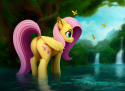 Size: 1408x1024 | Tagged: safe, editor:craft, imported from derpibooru, fluttershy, butterfly, pegasus, pony, ai content, ai generated, butt, dock, flutterbutt, generator:stable diffusion, plot, smiling, solo, tail, water, waterfall