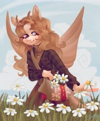 Size: 3374x4096 | Tagged: safe, artist:irinamar, imported from derpibooru, oc, oc only, anthro, pegasus, female, field, flower, outdoors, solo