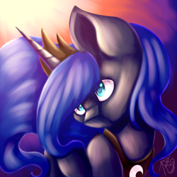 Size: 2400x2400 | Tagged: safe, artist:prettyshinegp, imported from derpibooru, princess luna, alicorn, pony, abstract background, bust, crown, female, jewelry, mare, peytral, regalia, signature, solo, tiara