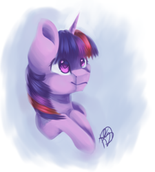 Size: 2324x2581 | Tagged: safe, artist:prettyshinegp, imported from derpibooru, twilight sparkle, pony, unicorn, abstract background, bust, female, mare, signature, smiling, solo, unicorn twilight