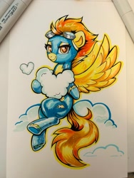 Size: 1536x2048 | Tagged: safe, artist:confetticakez, imported from derpibooru, spitfire, pegasus, pony, clothes, cloud, goggles, goggles on head, heart, smiling, solo, traditional art, uniform, wonderbolts uniform