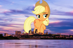 Size: 2048x1367 | Tagged: safe, artist:cloudyglow, artist:jaredking779, imported from derpibooru, applejack, earth pony, pony, cowboy hat, female, giant pony, giant/macro earth pony, giantess, hat, highrise ponies, irl, kansas city, looking at you, macro, mare, mega applejack, mega giant, missouri, photo, ponies in real life, smiling, solo, stetson