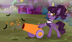 Size: 1200x708 | Tagged: safe, artist:pgthehomicidalmaniac, imported from derpibooru, oc, oc only, oc:trickster treat, bat, bat pony, pony, base used, candy, confetti, female, food, mare, party cannon, solo