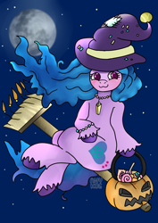 Size: 2480x3508 | Tagged: safe, artist:anykoe, imported from derpibooru, izzy moonbow, pony, unicorn, broom, clothes, costume, flying, flying broomstick, g5, halloween, hat, holiday, moon, pumpkin, pumpkin bucket, solo, witch hat
