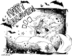 Size: 2581x1981 | Tagged: safe, artist:gale spark, imported from derpibooru, oc, oc only, oc:gale spark, bat, pegasus, pony, black and white, grayscale, halloween, happy halloween, holiday, monochrome, nightmare night, solo, tongue out