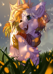Size: 2500x3500 | Tagged: safe, artist:medkit, imported from derpibooru, oc, oc only, bat pony, pony, bat wings, big eyes, clothes, cloud, cloudy, double rainbow, drop, eyes open, fangs, grass, grass field, heterochromia, high res, male, paint tool sai 2, rain, rainbow, running, scarf, shadow, sketch, smiling, solo, spread wings, stallion, stormcloud, sunlight, wings