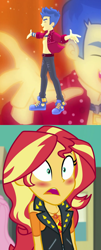 Size: 1187x2952 | Tagged: safe, edit, edited screencap, imported from derpibooru, screencap, flash sentry, sunset shimmer, cheer you on, equestria girls, equestria girls series, forgotten friendship, spoiler:eqg series (season 2), blushing, clothes, female, flashimmer, geode of empathy, magical geodes, male, open clothes, open shirt, shipping, shipping domino, straight