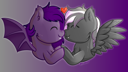 Size: 3840x2160 | Tagged: safe, artist:exobass, imported from derpibooru, oc, oc:lili, oc:midnight purple, bat pony, hybrid, ^^, bat pony oc, bat wings, cheek fluff, chest fluff, commission, couple, ear fluff, eyes closed, facial markings, fangs, female, halfbody, holding hooves, male, mare, nuzzling, pegabat, simple background, stallion, wings, ych result
