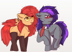Size: 2700x1950 | Tagged: safe, artist:freak-side, imported from derpibooru, oc, oc:gray summit, oc:july vortex, earth pony, pegasus, pony, :p, blushing, clothes, confused, ear piercing, earring, glasses, jewelry, necklace, necktie, piercing, shy, socks, thigh highs, tongue out