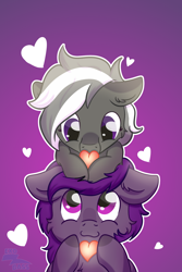 Size: 2000x3000 | Tagged: safe, artist:exobass, imported from derpibooru, oc, oc:lili, oc:midnight purple, bat pony, hybrid, bat pony oc, bat wings, cheek fluff, chest fluff, commission, couple, ear fluff, facial markings, heart, holding, looking at each other, looking at someone, on top, pegabat, simple background, wings, ych result
