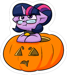 Size: 556x621 | Tagged: safe, artist:zutcha, imported from derpibooru, sci-twi, twilight sparkle, pony, unicorn, equestria girls, :t, blushing, collar, cute, equestria girls ponified, female, frown, glasses, halloween, holiday, jack-o-lantern, looking up, mare, outline, pet tag, ponified, pumpkin, sci-twi is not amused, simple background, solo, transparent background, twiabetes, unamused, unicorn sci-twi