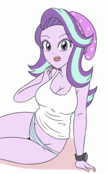 Size: 2192x3543 | Tagged: safe, artist:sumin6301, imported from derpibooru, starlight glimmer, human, equestria girls, beanie, breasts, busty starlight glimmer, clothes, female, hat, high res, lipstick, looking at you, open mouth, panties, sitting, solo, tanktop, underwear, watch, wristwatch