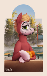 Size: 2611x4263 | Tagged: safe, artist:uliovka, imported from derpibooru, sprout cloverleaf, earth pony, pony, calaverita, cempasúchil, dia de los muertos, flower, g5, male, scenery, solo, stallion