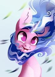 Size: 489x678 | Tagged: safe, artist:28gooddays, imported from derpibooru, izzy moonbow, pony, unicorn, bust, female, g5, mare, no pupils, open mouth, open smile, portrait, smiling, solo, windswept mane