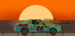 Size: 1640x790 | Tagged: safe, artist:blued_cross31, imported from derpibooru, oc, bat pony, pony, pony town, bat pony oc, bat wings, car, female, flatout, mazda, mazda rx-3, ocean, pixel art, sunglasses, sunset, vehicle, water, wings