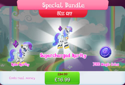 Size: 1268x860 | Tagged: safe, imported from derpibooru, rarity, pony, robot, robot pony, unicorn, antennae, bundle, camera, costs real money, duality, english, female, gameloft, height difference, hologram, horn, magic coins, mare, numbers, official, rainbow, raribot, roboticization, sale, solo, solo focus, text