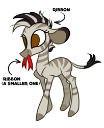 Size: 1120x1370 | Tagged: safe, artist:nonameorous, imported from derpibooru, ribbon (tfh), zebra, them's fightin' herds, black and white mane, brown eyes, community related, holding, mouth hold, ribbon, simple background, solo, standing, white background