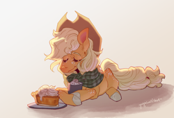 Size: 2200x1500 | Tagged: safe, artist:yuyusunshine, imported from derpibooru, applejack, pony, food, lying down, pie, prone, solo