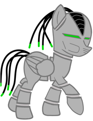 Size: 784x1018 | Tagged: safe, artist:ruchiyoto, imported from derpibooru, oc, oc only, oc:mecha-pony, pony, robot, robot pony, green eyes, simple background, solo, white background, wings, wires