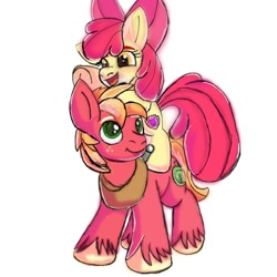 Size: 1378x1378 | Tagged: safe, artist:mlpsprout, imported from derpibooru, apple bloom, big macintosh, earth pony, pony, apple bloom riding big macintosh, brother and sister, female, filly, foal, male, open mouth, siblings, simple background, smiling, stallion, unshorn fetlocks, white background