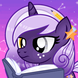 Size: 500x500 | Tagged: safe, artist:jennieoo, imported from derpibooru, oc, oc:midnight twinkle, pony, unicorn, animated, avatar, blinking, book, commission, freckles, gif, heterochromia, icon, pencil, reading, simple background, solo, space, vector