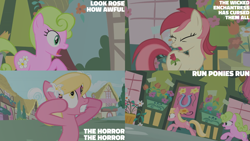 Size: 4400x2475 | Tagged: safe, edit, edited screencap, editor:quoterific, imported from derpibooru, screencap, daisy, flower wishes, lily, lily valley, roseluck, bridle gossip, the horror