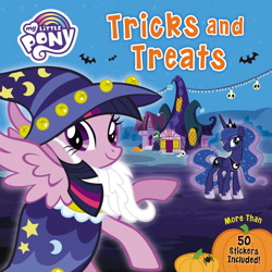 Size: 648x648 | Tagged: safe, imported from derpibooru, princess luna, twilight sparkle, alicorn, bat, luna eclipsed, book cover, clothes, costume, cover, halloween, halloween costume, holiday, logo, my little pony, my little pony logo, nightmare night, official, pumpkin, star swirl the bearded costume, stock vector, twilight sparkle (alicorn)