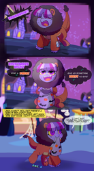 Size: 1927x3501 | Tagged: safe, artist:riukime, imported from derpibooru, oc, oc only, oc:jinx, big cat, draconequus, hybrid, lion, animal costume, bag, candy, candy bag, clothes, costume, cute, dialogue, draconequus oc, female, filly, foal, food, halloween, holiday, interspecies offspring, mouth hold, nightmare night costume, ocbetes, offspring, parent:discord, parent:twilight sparkle, parents:discolight, this will end in tears, trick or treat