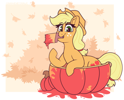 Size: 2550x2050 | Tagged: safe, artist:graphene, imported from derpibooru, part of a set, applejack, apple, cute, food, leaves, paint, pumpkin, solo, that pony sure does love apples