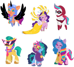 Size: 3465x3117 | Tagged: safe, artist:allisonpopick, imported from derpibooru, hitch trailblazer, izzy moonbow, nightmare moon, pipp petals, sunny starscout, zipp storm, earth pony, pegasus, pony, unicorn, spoiler:g5, spoiler:my little pony: tell your tale, spoiler:tyts01e30, adorapipp, chibi, cloak, clothes, cosplay, costume, cute, dress, fake moustache, g5, hood, izzybetes, kamina sunglasses, mane five (g5), mask, misty, my little pony: tell your tale, necktie, nightmare moon armor, nightmare night, nightmare night costume, nightmare night party, nightmare sunny, simple background, sunglasses, transparent background, unshorn fetlocks