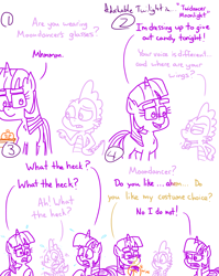 Size: 4779x6013 | Tagged: safe, artist:adorkabletwilightandfriends, imported from derpibooru, moondancer, spike, twilight sparkle, alicorn, dragon, pony, unicorn, comic:adorkable twilight and friends, adorkable, clothes, comic, costume, cute, disguise, dork, female, friendship, glasses, halloween, halloween costume, hand on chin, holiday, makeup, male, mare, nightmare night, pumpkin, scared, shocked, silly, slice of life, surprised, suspicious, thinking, towel, twilight sparkle (alicorn)