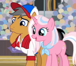 Size: 800x700 | Tagged: safe, imported from derpibooru, screencap, clear sky, quibble pants, earth pony, pony, unicorn, common ground, animated, baseball cap, cap, clothes, cropped, crowd, female, gif, hat, hug, male, mare, nuzzling, quibblesky, shipping, shirt, stallion, straight, talking
