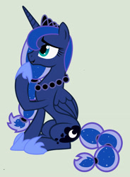 Size: 1600x2171 | Tagged: safe, artist:evilfrenzy, imported from derpibooru, princess luna, alicorn, pony, alternate hairstyle, alternate tailstyle, ethereal mane, female, formal wear, green background, jewelry, mare, necklace, raised leg, regalia, simple background, sitting, smiling, solo, starry mane, tail, touching face